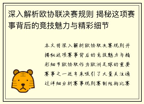深入解析欧协联决赛规则 揭秘这项赛事背后的竞技魅力与精彩细节